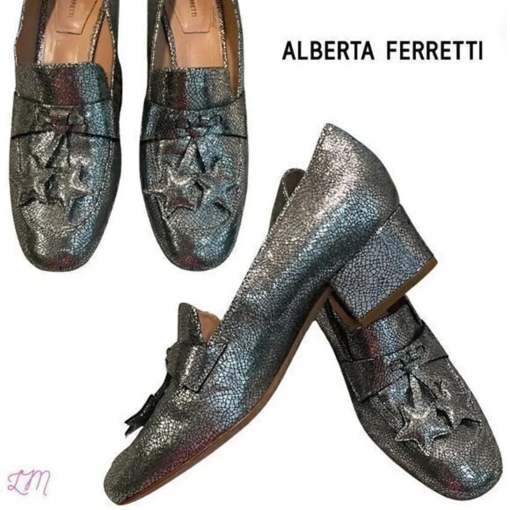 Alberta Ferretti Silver Metallic Loafers Star Tassel 8 IT38‎ Block Heel Italian